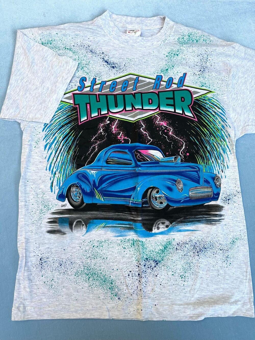 Vintage 90s Street Rod Thunder T Shirt L Willys Coupe Car Hot Rod Paint Splatter